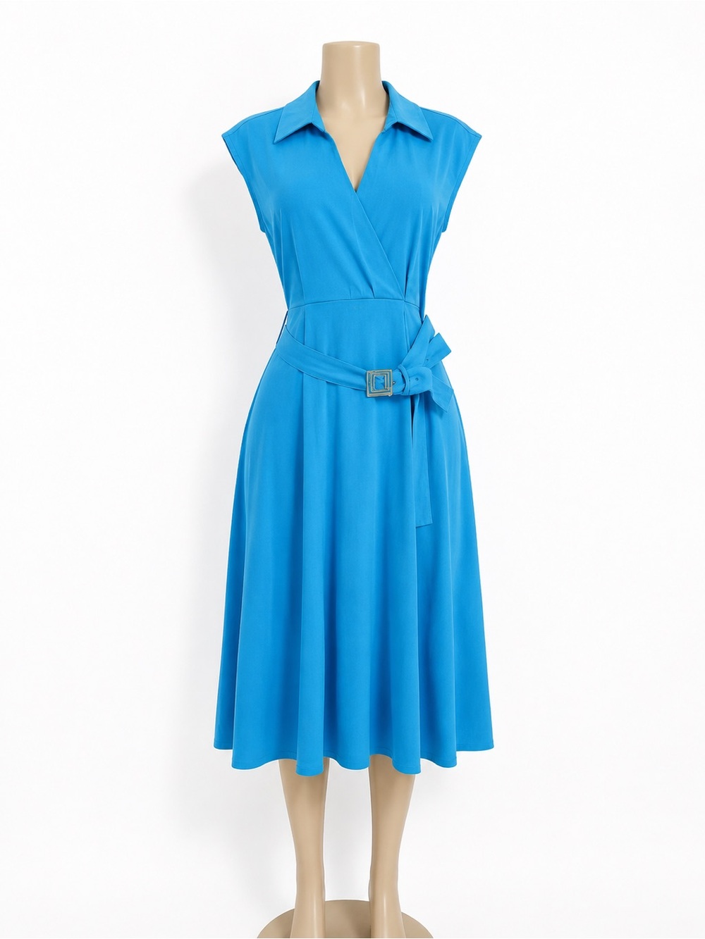 Karl Lagerfeld Bright Blue Collared Wrap-Style Midi Dress